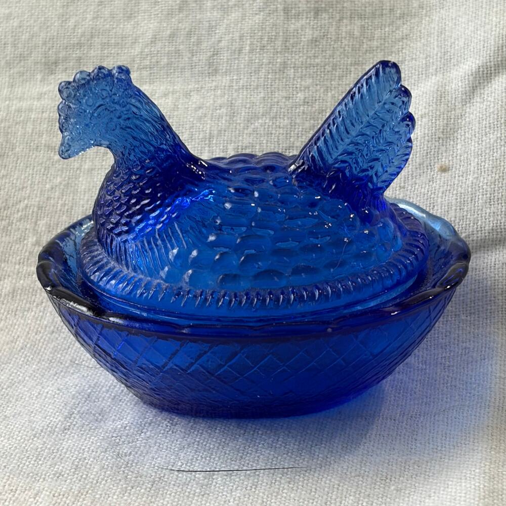 Vtg Mosser Glass Miniature Cobalt Blue Hen on Nest Chicken Salt Cellar Trinket